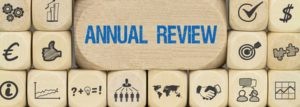 Wooden block with symbols and "Annual Review" text