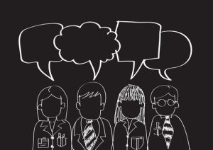 Blackboard with chalk drawings of children and speech bubbles