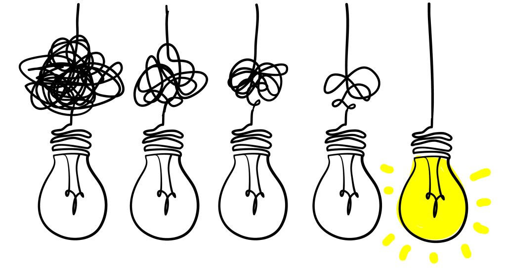A series of lighbulbs with gradually unravelling flex and a lit lightbulb at the end